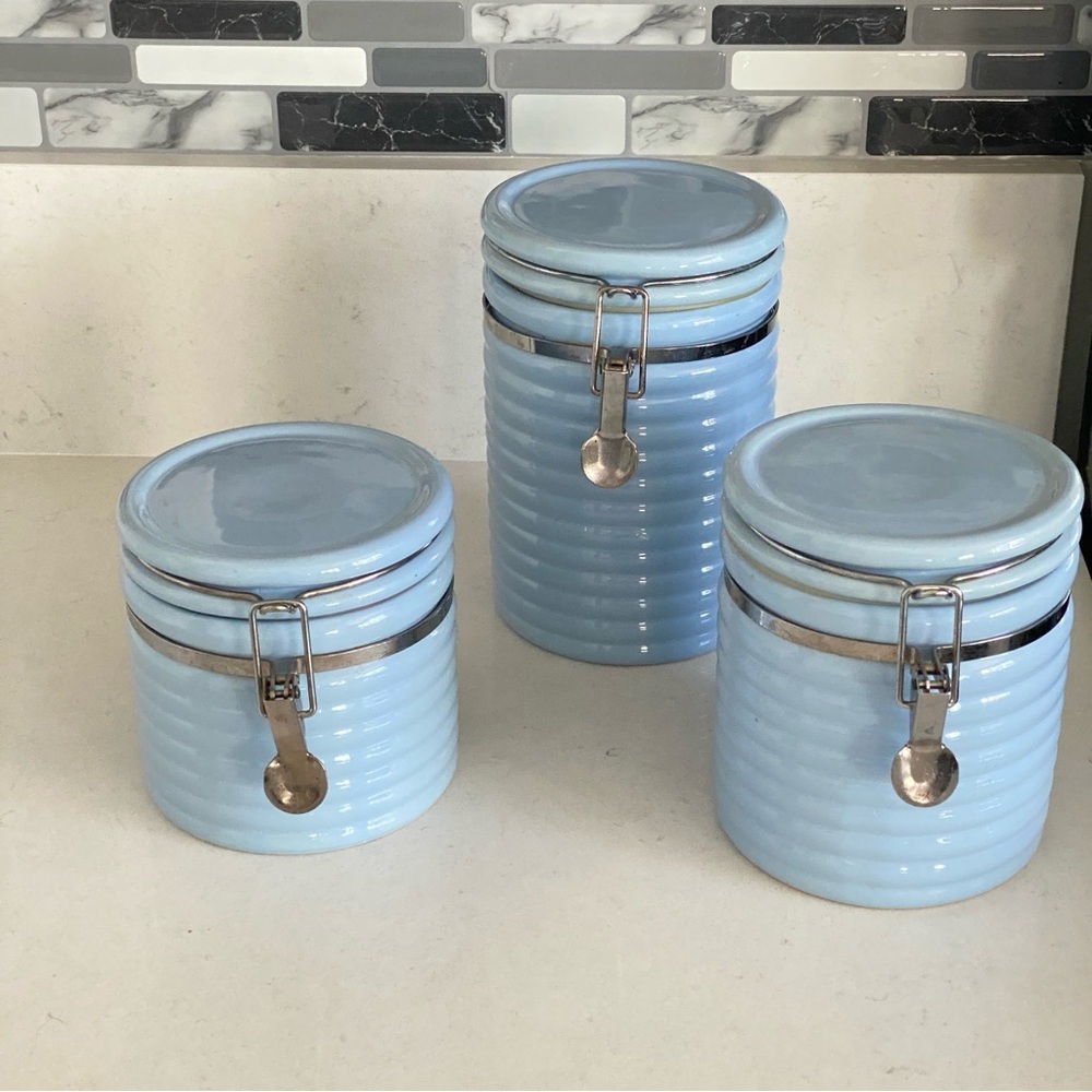 Set of 3 Portmeirion Sophie Conran Collection Spiral Blue Jarβ Canisters
